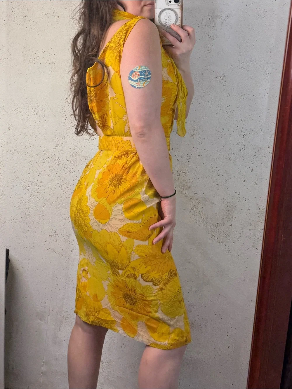 Vintage 50s 60s Sleeveless Yellow Floral Belted Dress with Scarf